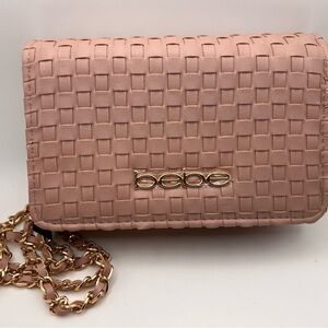 Bebe Blush Woven Clutch with Gold Chain